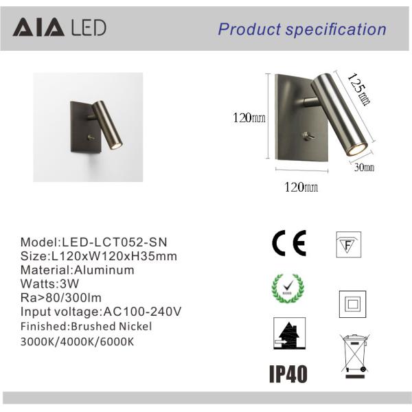 Simple recessed mounted knob switch 3W led wall lamp bed wall reading light for bedroom decoration