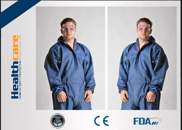 Dark Blue Disposable Chemical Protective Coverall SMS Clothing With Hood And Elastic Wrist