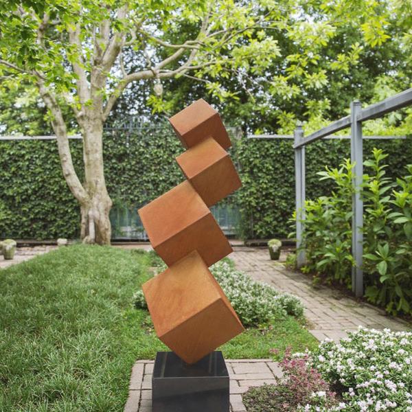 Modern Outdoor Garden Decorative Rusted Corten Steel Tiered Cube Sculpture