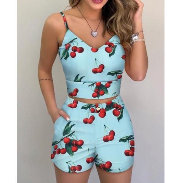 Women'S Hot Shorts Printed Blouse Set Summer 2 Piece Outfit With Wool Fabric