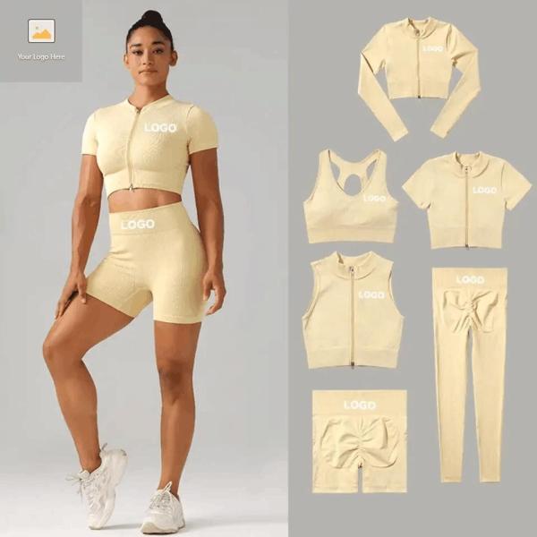 Ribbed Zipper Women Gym Set 6 Piece Seamless Activewear Plain Dyed
