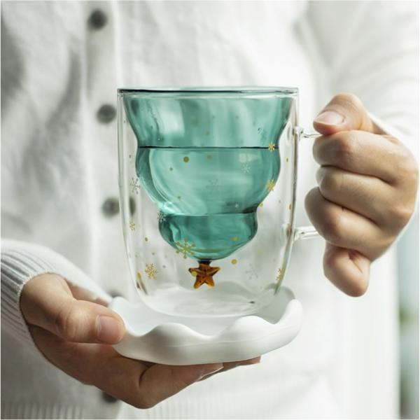 Custom Xmas Gift 200ml Double Walled Glass Coffee Cup with Christmas Tree Design