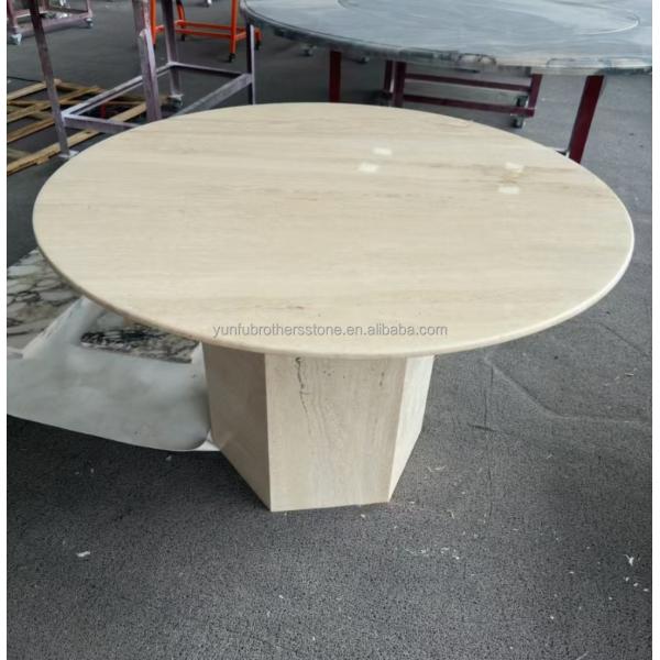 Polished Beige Round Travertine Dining Table Modern Stone Furniture for Living Room