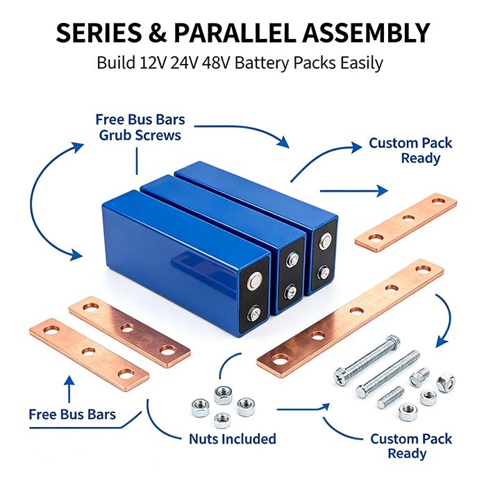 3.2V 100Ah CATL Prismatic LiFePO4 Battery Cell, Free Connecting Busbars, Lithium Cell for 12V 24V 48V Battery Pack Making