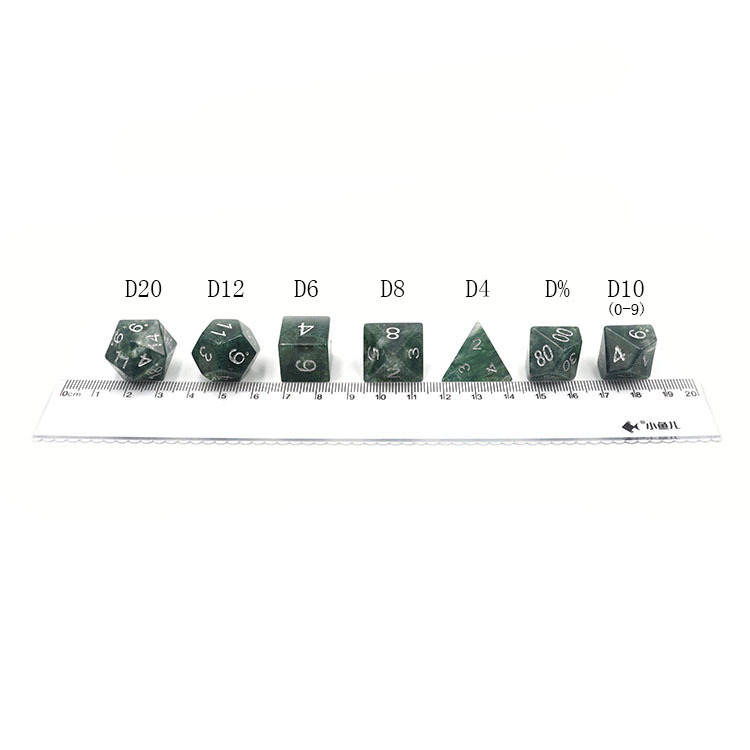 Natural Moss Agate Gemstone Polyhedral Dice Set - Hand Carved DND Dice with Silver Ink Engraved Numbers