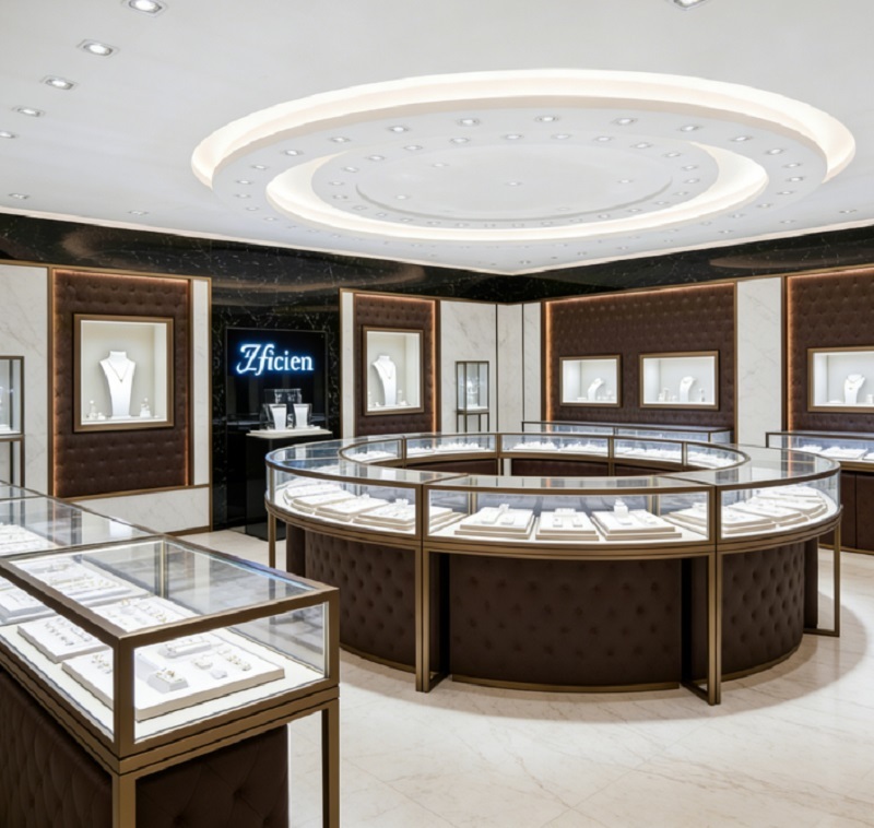 High-End Luxury Jewelry Island Kiosk, Custom Bronze Frame & Tufted Leather Tempered Glass Showcase for Luxury Jewelry Store