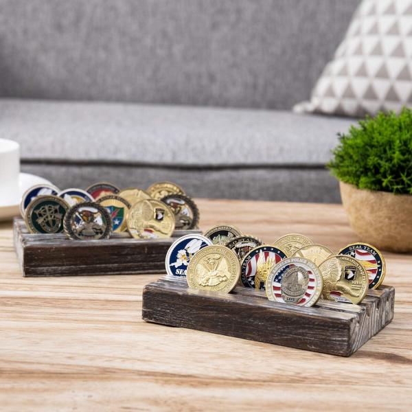 Painted Brown 4 Row Torched Wood Military Challenge Coin Display Holder Stand 4x6x1inch