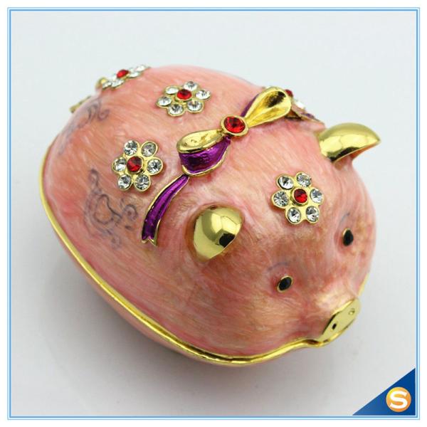 Lovely Crystal pig Shape Trinket box animal metal Trinket box with Flower Shape diamond for decoration SCJ241-1