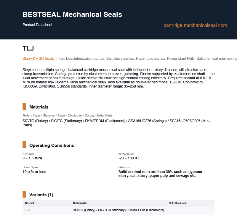 TLJ Single Cartridge Mechanical Seal for Salt Slurry FGD Paper Pulp Pumps