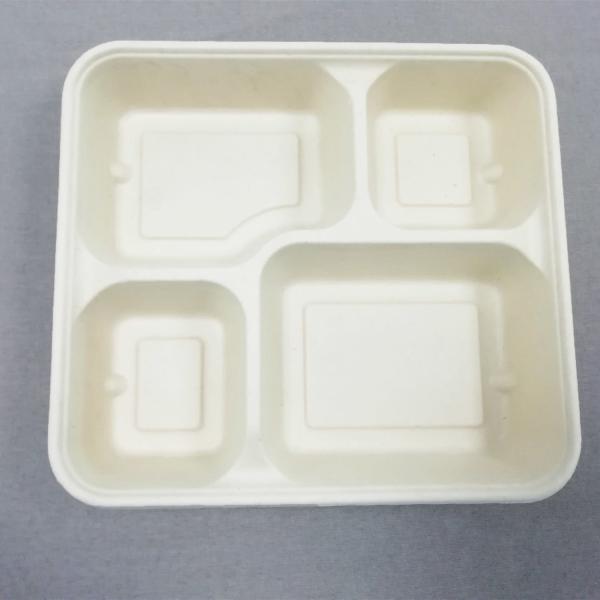 4-Coms Square Lunch Tray With Lid -  Chinese Factory Offered Sugarcane Tableware-Leak Proof Takeaway Container With Lid