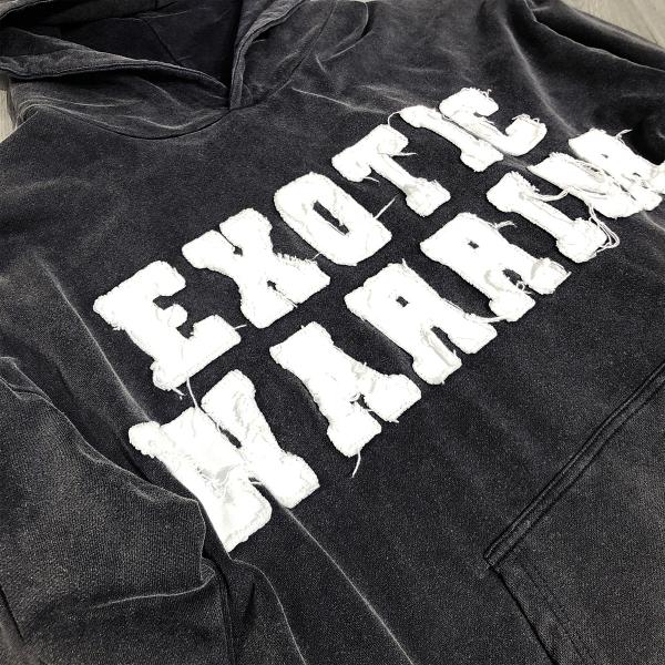 Sudadera con capucha con etiqueta de impresión personalizada, vintage, cruda, de corte cuadrado, con bordes cortados, apliques y bordados, para hombre