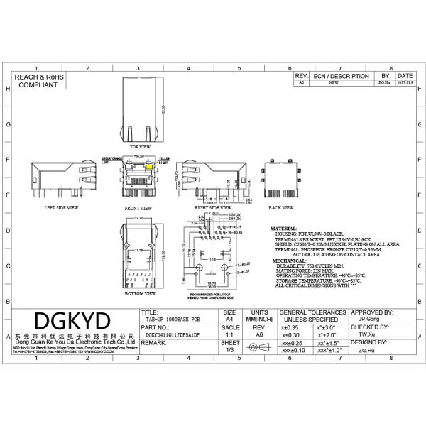 Gigabit Band POE 12 Pin Single Port RJ45 Ethernet Connector LED G/O/Y DGKYD411Q117DF5A1DP