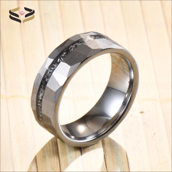 8mm Tungsten Silver Hammered Meteorite Inlay Ring for Men's Shaving Wedding