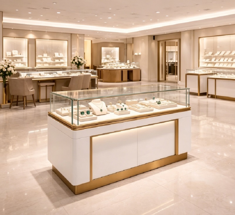 Luxury White & Rose Gold Jewelry Store Display Set, Complete Turnkey Fixture Package with Counters, Wall Cabinets & Seating