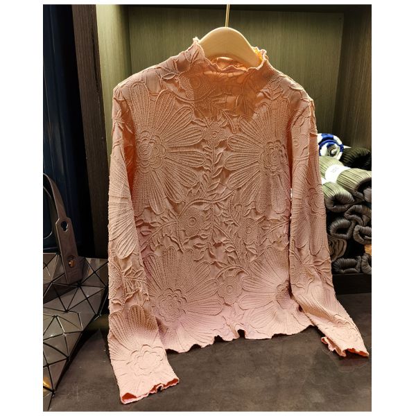 Japanese Pleated Stand Collar Long Sleeve T-shirt Top Printed Pleated Embodying Pleated Process Makes Flower Fashionable