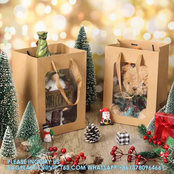 Kraft Shopping Bags With Handles For Present, Festivals Party Gift Bags With Transparent Window