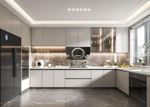 Meubles de cuisine en laque sur mesure Armoires de cuisine modulaires en bois en forme de L