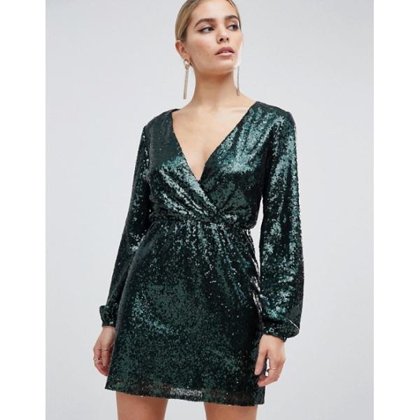 OEM sequin wrap front long sleeve green skater dress