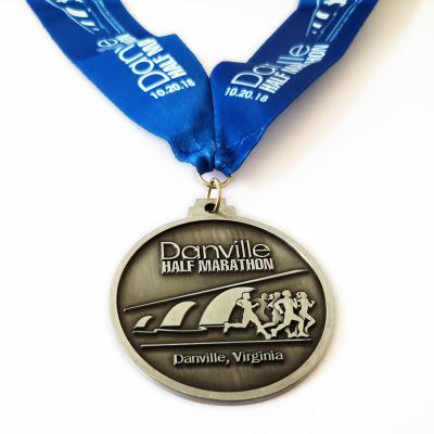 Antique Silver Finish Round Marathon Zinc Alloy Medal With Sublimation Ribbon