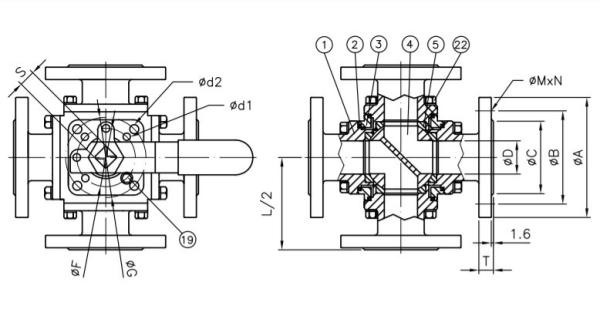4 Way Ball Valve SS316 Body / Ball / Stem PTFE seats Flange ANSI Class 150 Ball Valve