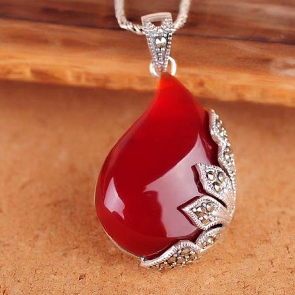 Vintage Jewelry 925 Silver Red Agate  Marcasite Drop  Pendant Necklace 18 Inches (JA1674RED)