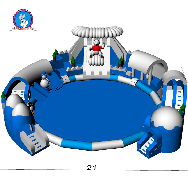 Custom Winter Theme Inflatable Land Water Park with Round Splash Pool Polar Bear Slide Igloo Tunnel and Snowman Decoration Outdoor Rental Project