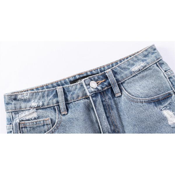 Lace Hem Women Patch Pocket Rips Denim Short Skirt