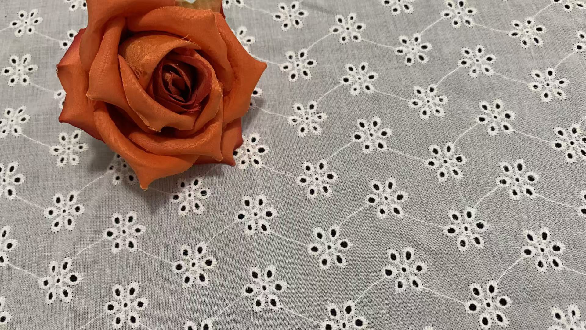 Cotton Chicken Embroidery Lace Fabric with Small Flower Motifs Fine Hollow Embroidery Soft Breathable Lightweight for Dresses and Home Textiles