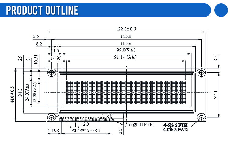 OLED1602H Black Film, 16×2 Character LCD Module,WS0010 Controller, Parallel Port Interface, 99x24mm View Size,Working Temperature -40+80 Display