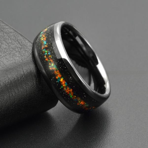 Bagues Nébuleuse Dôme Argent 8mm Tungstène Opale Colorée Incrustation Bague Anneau de Mariage Galaxie Incrustation de Pierre de Sable Bleu pour Hommes