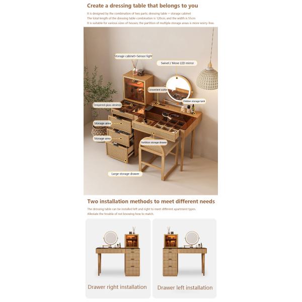Solid Wood Corner Makeup Vanity Set Dressing Table Rotatable Mirror