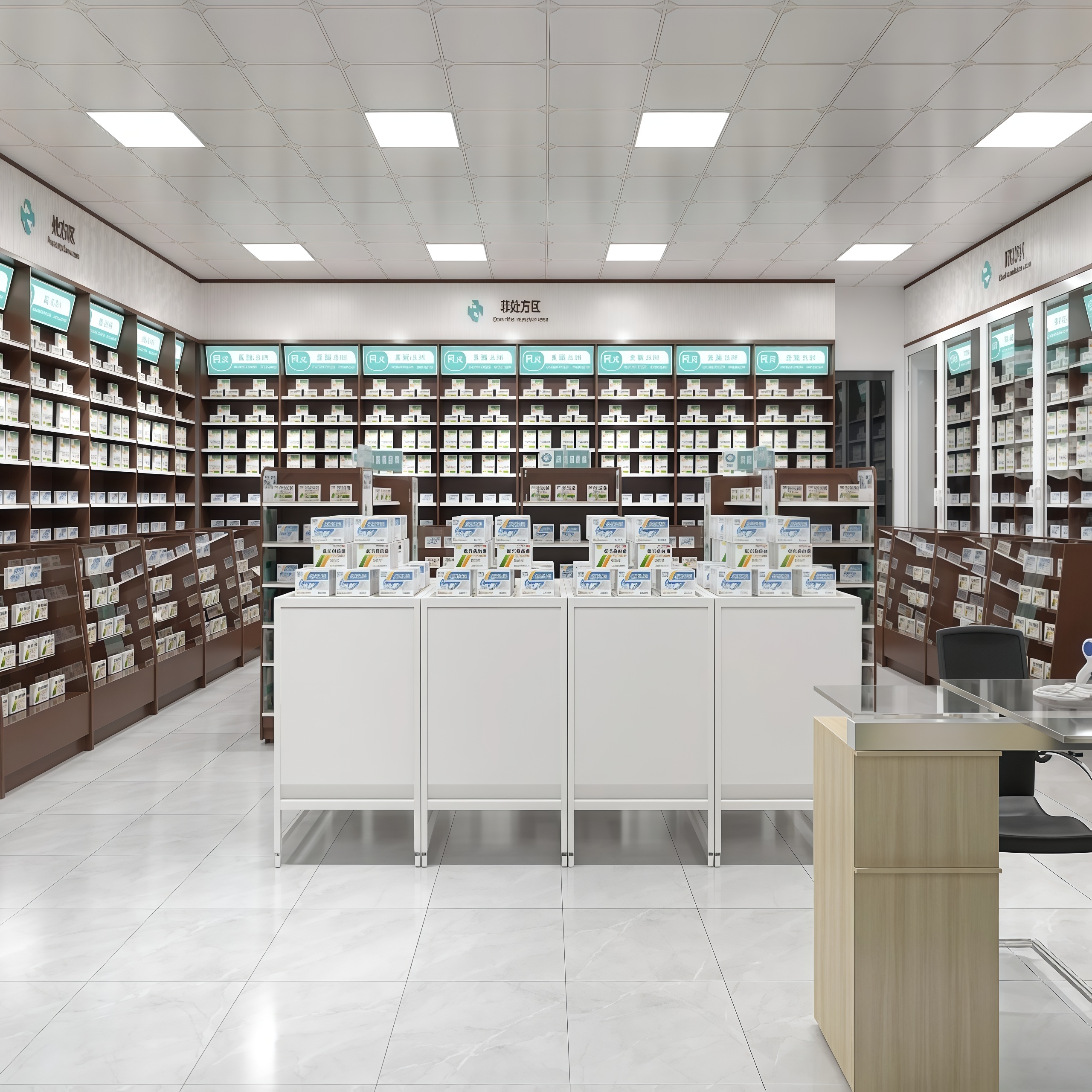Retail Drugstore Display Shelving and Pharmacy Counter Cabinets for Medical Store Furniture Solutions