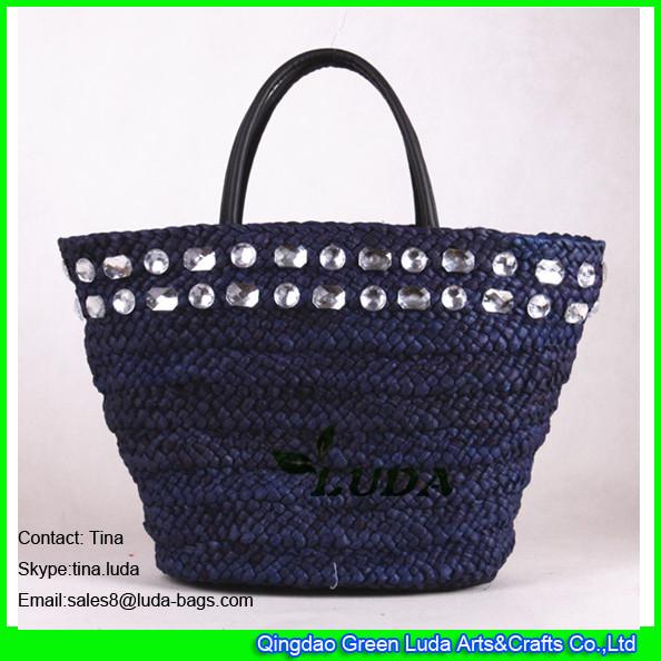LUDA navy blue acrylic decoration cornhusk straw beach bags wholesale