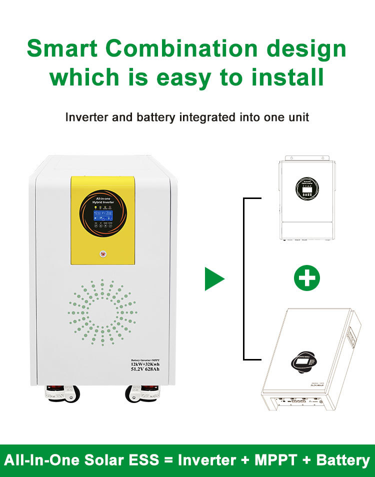 All in One Hybrid Energy Storage System 12KW 32KWh 51.2V 628Ah LiFePO4 Battery Built-in MPPT Solar Inverter