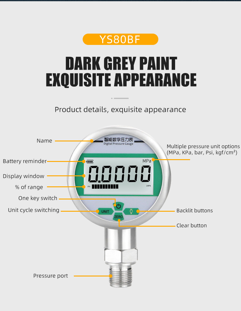 Two Size 7 Batteries 0.4%FS Stainless Steel Digital Pressure Gauge for Water Gas Liquid