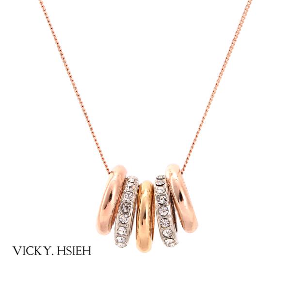 VICKY.HSIEH Multi Tone Crystal Rhinestone Pave Five Ring Pendant Necklace Chain