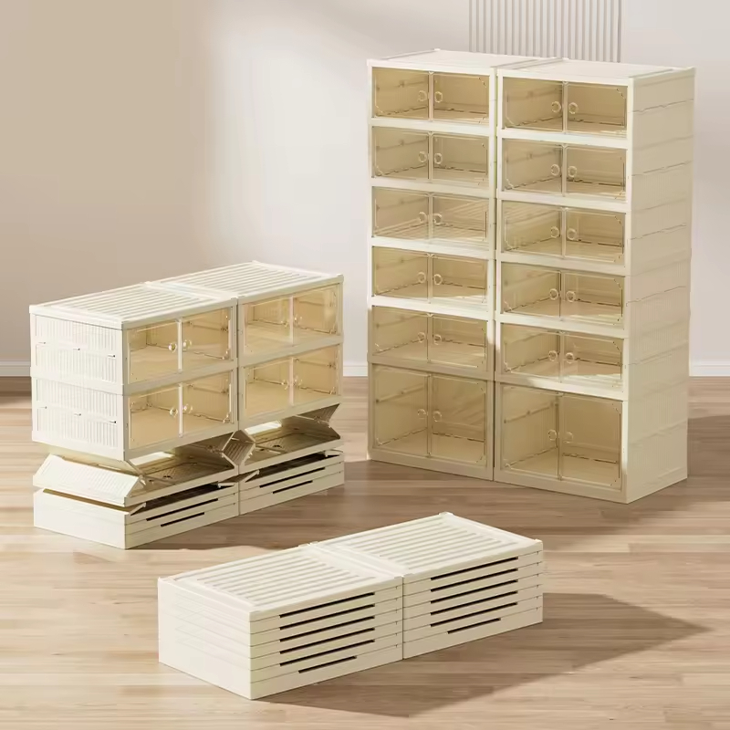 Durable Beige Clear Shoe Storage Cabinet Stackable Magnetic Closure Drawers with Ventilated Top for Modern Home Organization