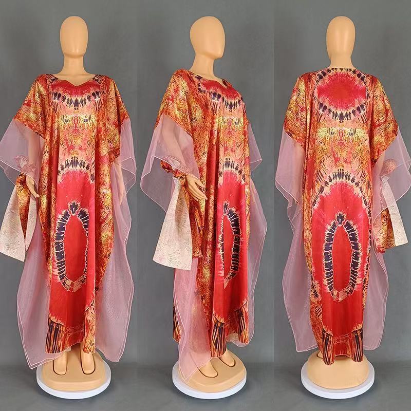 Women’s African Print Chiffon Kaftan Dress with High-Waist Design for Elegant Casual Wear