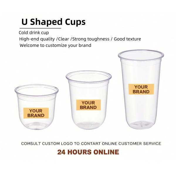 Vasos de plástico transparentes de PLA con forma de U para jugo, té de burbujas y café helado con logotipo personalizado impreso de 12/14/16/20 oz