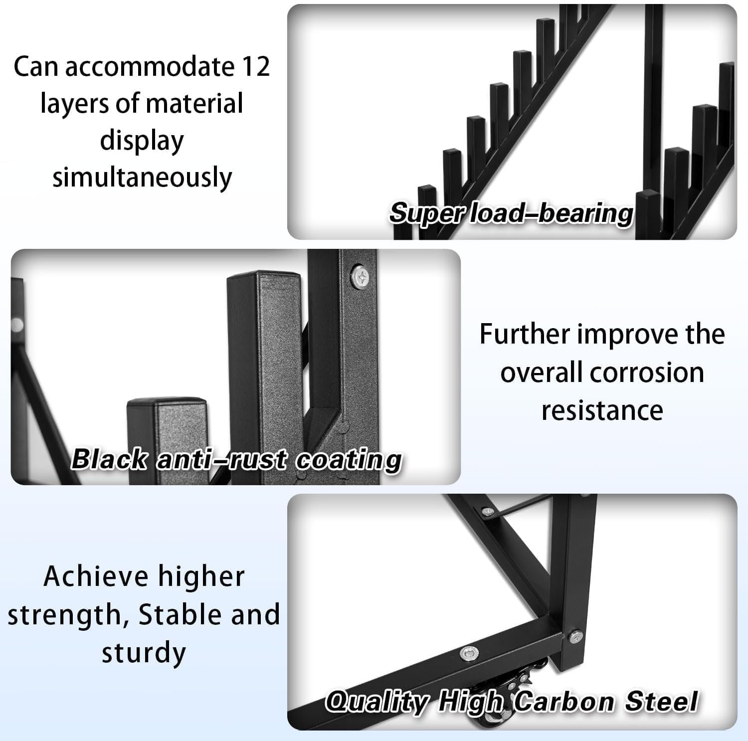 12 Layer Mobile Tile Display Rack High Carbon Steel Anti-Rust Lockable Wheels Triangle Reinforced Plastic End Caps