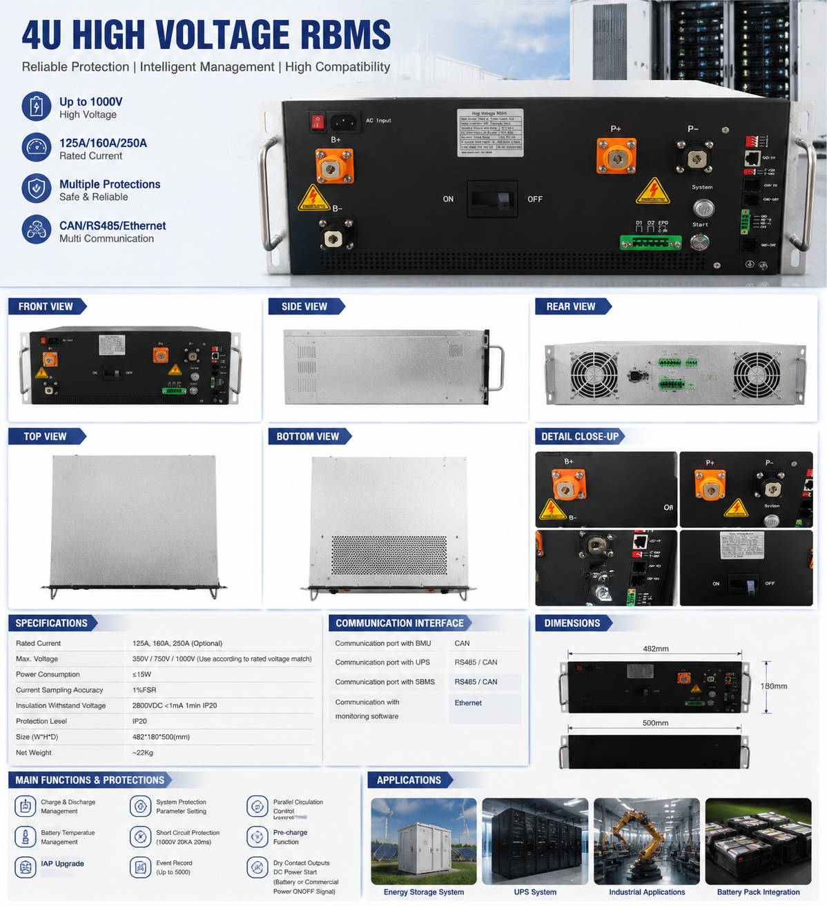GCE Energy 4U Rack BMS 250A 1000V High Voltage Battery Management System for Solar ESS Container | CAN RS485 Ethernet CE  Certified