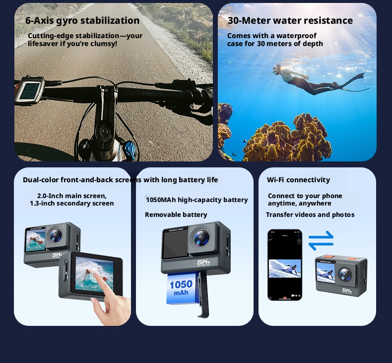 DLC 30M Depth Waterproof 6 Axis Gyro Stabilization Action Cam Dual Selfie Screen WiFi Mobile Control Outdoor Sports Camera