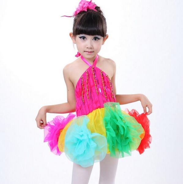 Children's dance suit girls rainbow sequins veil skirt dancing costumes children dress