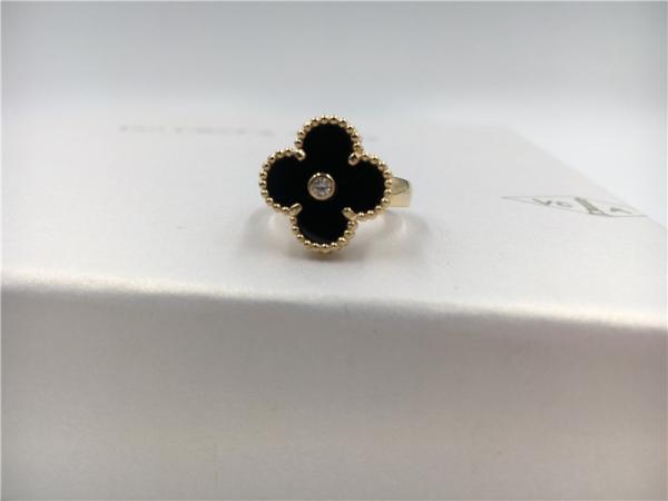Vintage redondo Alhambra do anel de ouro do diamante/ônix 18K para o casamento/acoplamento