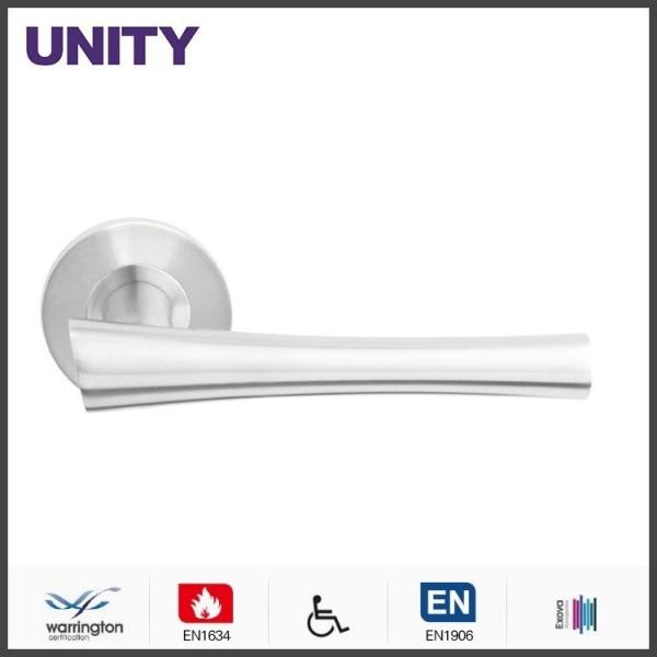 Satin brushed stainless steel door handle with round backplate