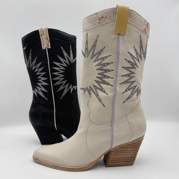 soft lychee grain leather Womens Dress Boots with sun embroidery pattern，Square abs chunky heel with TPR outsole