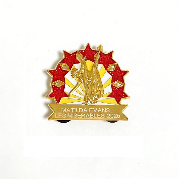 Custom hard/soft enamel pins feature glitter, UV print, anime logo.