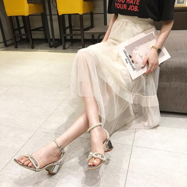 YTH005 Customized 2021 New Summer Word With Mid-Heel Silver Pearl Bow Thick Heel Sandals Female Fairy Style High Heels