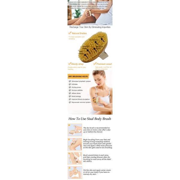 Sisal Bristle Dry Body Brush for Exfoliating Cellulite and Massaging Dry Skin in Wood Color