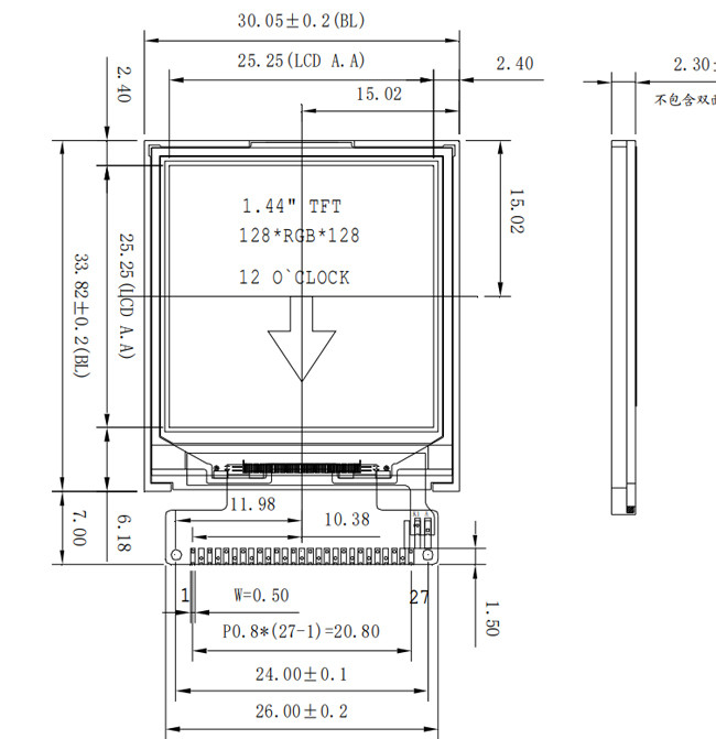 Квадратный малый ЖК-дисплей, TFT LCD 1,44 дюйма 128x128 с интерфейсом MUC 8 бит